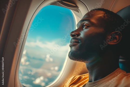 Close-up photo of a man in his passenger seat on an airplane, looking out the window with a smile