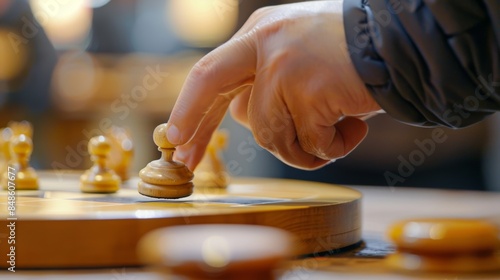 A blurred hand carefully moving a pawn into position on the board.