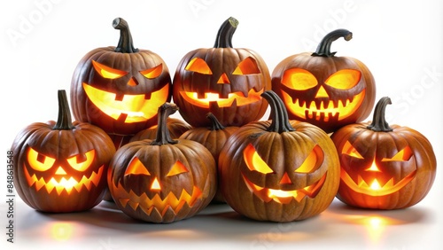 Eight sinister lit jack-o'-lanterns with wicked faces and glowing eyes stare ominously against a pure white background, exuding eerie halloween atmosphere.
