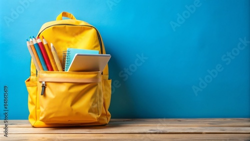 Vibrant yellow backpack overflowing with textbooks, notebooks, and colorful school supplies rests on a bright blue background, symbolizing a fresh start for the new academic year.