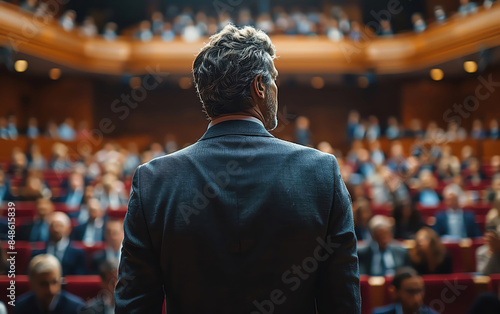 Business professional attending a conference in a crowded auditorium, viewed from behind, wearing a suit