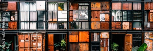 A grungy building with a variety of windows and doors made from recycled materials. AI.
