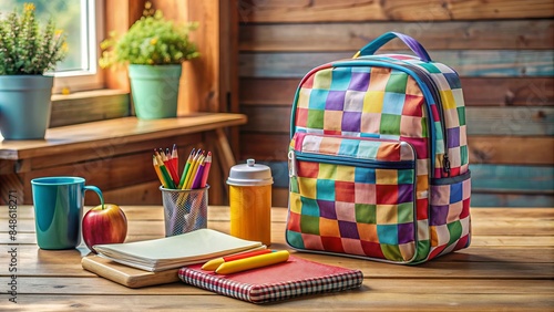 Colorful backpack, lunchbox, and school supplies scattered on a wooden table, surrounded by textbooks, folders, and a planner, with a subtle morning light.