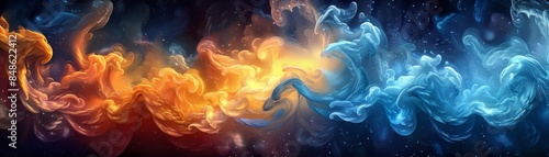 Abstract swirling fire and smoke with blue and orange hues.