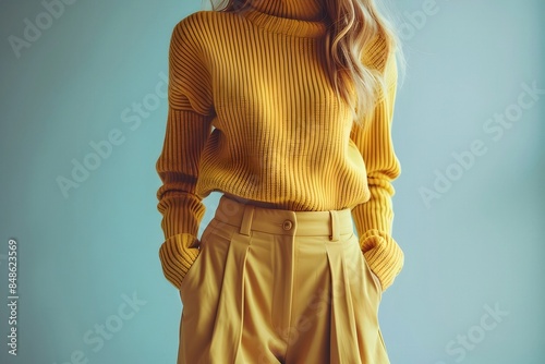Refined Casual Wear:Butter Yellow Knit Sweater and Tailored Trousers in Minimalist Studio Setting