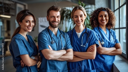 Diverse team of healthcare professionals standing together, smiling and looking confident in their blue scrubs.