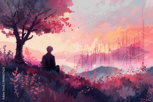 A peaceful digital art scene of a person sitting under a tree, contemplating the vibrant sunset over a mountainous landscape.