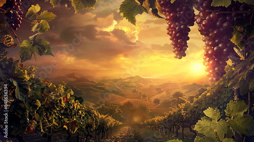 Scenic vineyard at sunset with lush green vines and ripe grapes, creating a serene, picturesque landscape ideal for wine-related themes.