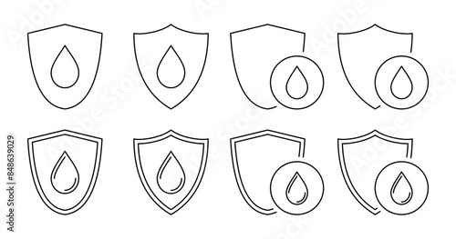 set of shield and water drop icons. waterproof symbol. modern line art design isolated on white background