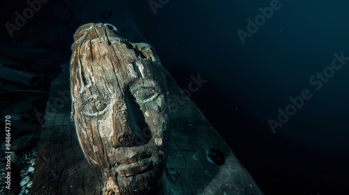 Close-up on a wooden figurehead, remarkably preserved under sediment, eerie eyes staring into the abyss. 