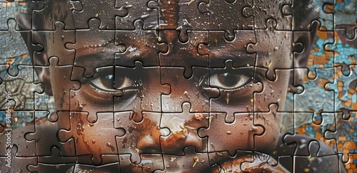  Giant jigsaw puzzle that forms a poor boy crying in a favela in brazil on a large floor. Poverty 