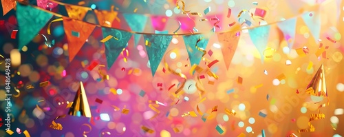 Colorful party decorations with confetti and a blurred background.