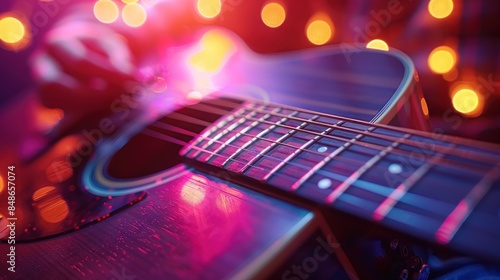 Close Up of a Guitar with Fretboard in Colorful Lights