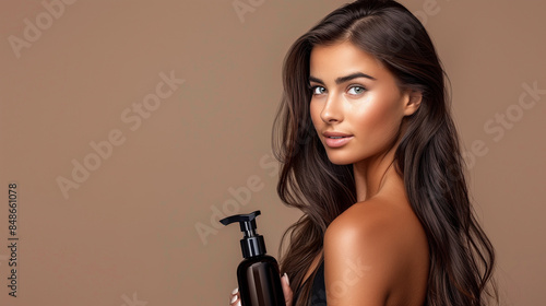 Lustrous Locks. Hair Care Elegance. A model showcases a hair care product, flaunting shiny, well-groomed hair. For advertising