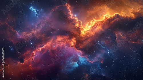 A colorful galaxy with a bright orange and blue cloud
