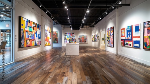 Modern Art Gallery Interior with Colorful Paintings