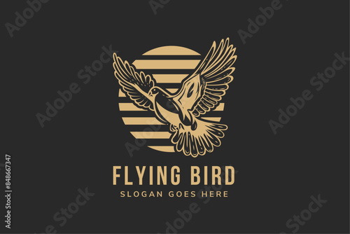 Silhouette of Flying Dove with Moon representing the concept of peace and brotherhood on dark background. gold color on object.