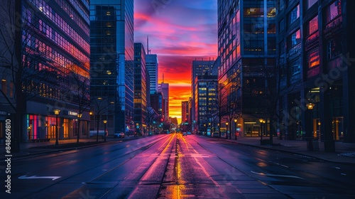 A city street at dawn with buildings displaying gradient light patterns, merging colors from deep blues to warm oranges