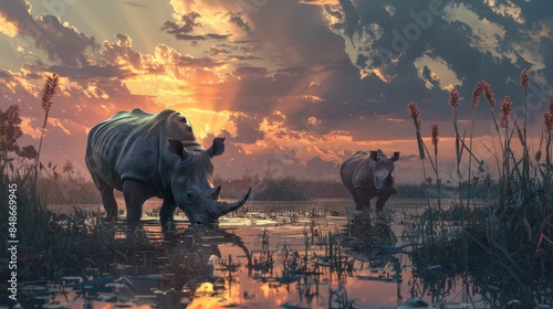 A pair of rhinoceroses roaming a muddy field, surrounded by tall reeds and a serene swamp landscape at dusk