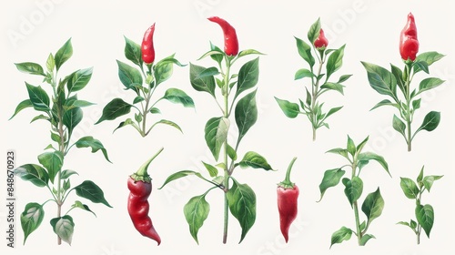 Artistic illustration of a red chilli pepper plant with detailed leaves, showcasing various stages of growth, set against a white background