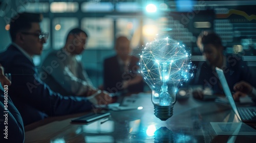 Team of executives in a high-tech meeting room, holographic light bulb and globe, focus on innovation, collaboration, and futuristic business strategies