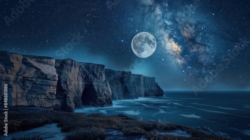 A dramatic view of a rocky coastline under a starry night sky, the moon illuminating the cliffs and reflecting off the sea creating a mystical ambiance.