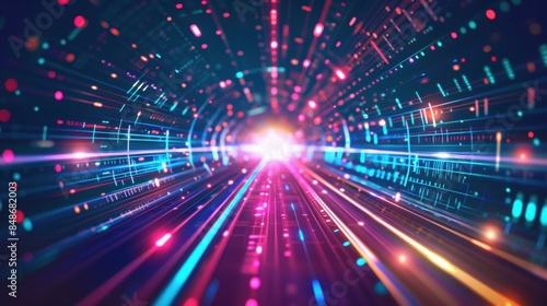 Abstract digital highway with vibrant colors, highspeed data visualization, futuristic tech tunnel, lightspeed effect, high-tech theme