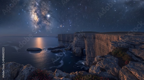 A dramatic view of a rocky coastline under a starry night sky, the moon illuminating the cliffs and reflecting off the sea creating a mystical ambiance.