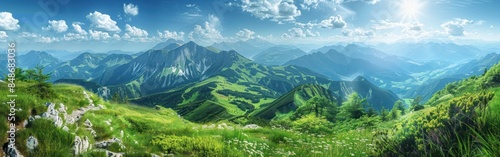 Breathtaking Panoramic View of Nebelhorn in Oberstdorf, Allgau, Bavaria, Germany Featuring Stunning Alps with Lush Green Meadow and Blue Sky Mountains as Background - Perfect for Banners and Panoramas