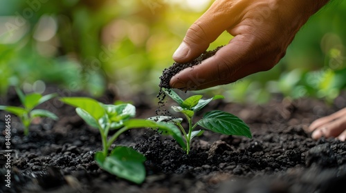 Nurturing Young Growth: Farmer's Hand Applying Chemical Fertilizer to a Plant