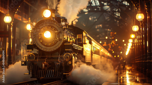 Vintage Steam Train at Golden Hour in Historic Train Station