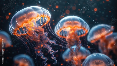 Bioluminescent jellyfish in deep ocean water