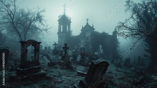 Gloomy scary cemetery and abandoned church in the fog