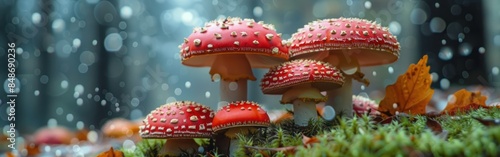 Enchanting Red Toadstool Amanita Muscaria Closeup on Mossy Forest Floor - Abstract Fantasy Illustration