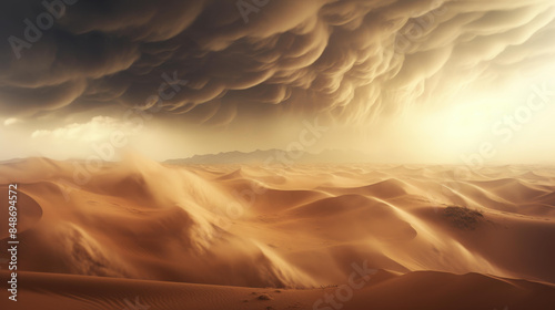 Riveting digital art portrays a dramatic sand storm in the vast desert landscape.
