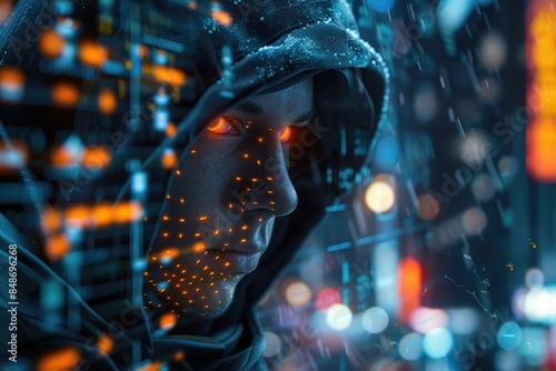 Man in hoodie with glowing lights on face