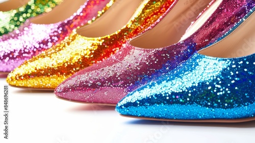 High heel shoes with a colorful glittery finish, glitter overlay enhancing the shimmer, set on a white background, emphasizing their vivid colors