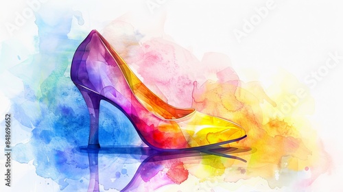 Fashionable high-heeled shoe in watercolor, soft rainbow colors, artistic and appealing, ideal for fashion blogs or retail ads