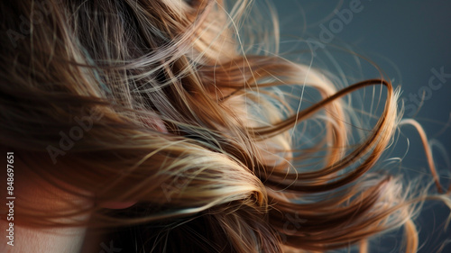 Close-up of windblown hair, capturing the dynamic motion and texture.