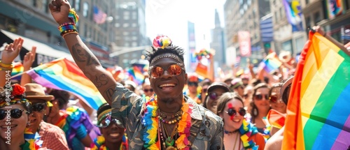 A vibrant parade with a diverse crowd celebrating PRIDE month People are waving rainbow flags and wearing colorful outfits The atmosphere is joyful and filled with a sense of unity and acceptance The