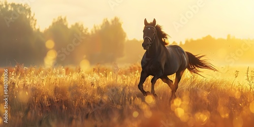 A black Warmblood horse galloping in a field at sunrise. Concept Animals, Nature, Sunrise, Motion, Equine