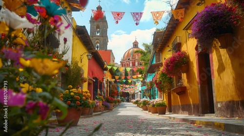 4. Highlight the beauty of Hispanic landscapes and architecture by capturing scenic views of historic towns, colorful markets, and iconic landmarks adorned with traditional decorations in celebration