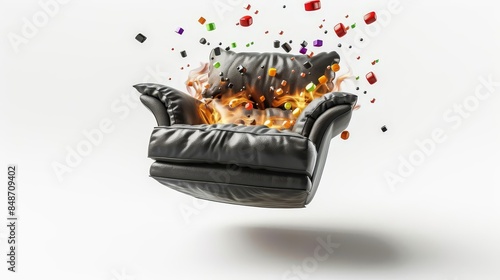 black leather chair with a fire and dice in the air