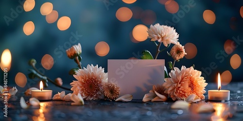 Tranquil Sympathy Background with Chrysanthemums, Candles, and Blank Card. Concept Sympathy Floral Arrangement, Candlelit Memorial, Chrysanthemum Tribute, Blank Card for Condolences