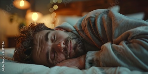 A tired man fell asleep in his bedroom hugging his alarm clock. Concept bedroom, tired man, asleep, alarm clock, hug