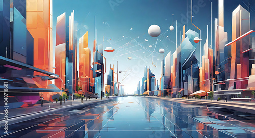 An abstract design reflecting the concept of smart cities, with interconnected networks, futuristic infrastructure, and digital interfaces portrayed through geometric shapes and a high-tech color pale