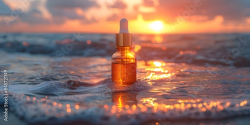 Glass bottles of collagen serum against a sunset ocean backdrop for skincare. Concept Sunset Photoshoot, Collagen Serum, Skincare, Ocean Backdrop, Glass Bottles