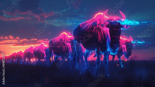 A herd of buffalo glowing with neon lights, walking in twilight, creating a futuristic and surreal scene.