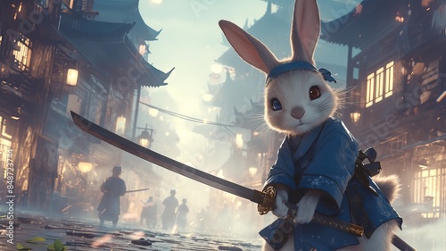 An anthropomorphic rabbit dressed as a samurai in a traditional Japanese street, holding a katana, surrounded by a misty, mystical atmosphere.