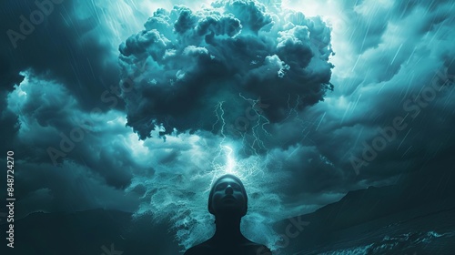 A person s negative thoughts forming a dark storm cloud above their head, surreal and intense, vector art